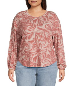 �f���N���V�[ ���f�B�[�X �g�b�v�X �V���c �v���X�T�C�Y �h�J �j�b�g Democracy Plus Size Knit Tie-Dye Embroidered Scoop Neck Long Sleeve Top Mahogany/Red ���b�h