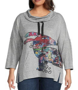 �A�� �}�C���X ���f�B�[�X �g�b�v�X �J�b�g�\�[ �v���X�T�C�Y �v�����g �j�b�g Ali Miles Plus Size Hatchi Knit Novelty Dog Print Cowl Neck 3/4 Sleeve Tunic Gray Animal �O���[