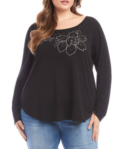 �J�����P�[�� ���f�B�[�X �g�b�v�X �V���c �v���X�T�C�Y Karen Kane Plus Size Embellished Scoop Neck Long Sleeve Top Black �u���b�N