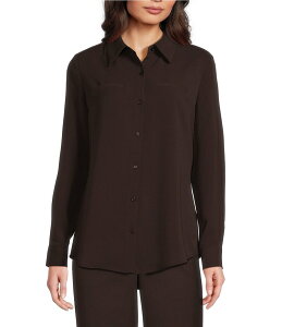 �A���b�N�X�}���[ ���f�B�[�X �g�b�v�X �V���c �N���[�v Alex Marie Piper Lightweight Soft Crepe de Chine Point Collar Long Sleeve Button Front Top Espresso