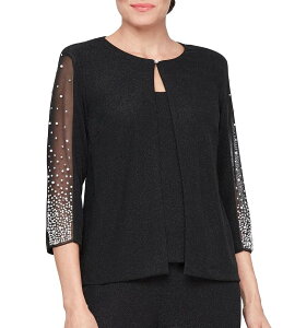 �A���b�N�X�C�u�j���O�X ���f�B�[�X �g�b�v�X �V���c �g�[�� �j�b�g Alex Evenings 3/4 Sleeve Metallic Knit Twinset Black �u���b�N