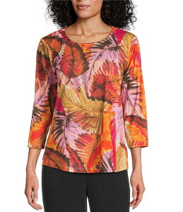 A\ fC[ fB[X gbvX Vc N[lbN vg TVc jbg Allison Daley Leafy Toss Print Embellished 3/4 Sleeve Crew Neck Knit Art Tee Burnt Ochre Leafy Toss