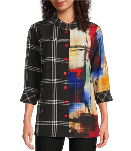 �A�� �}�C���X ���f�B�[�X �g�b�v�X �V���c Ali Miles Woven Abstract Multi Checked Stand Collar 3/4 Cuffed Sleeve Button Front Tunic Abstract Multi �}���`�J���[