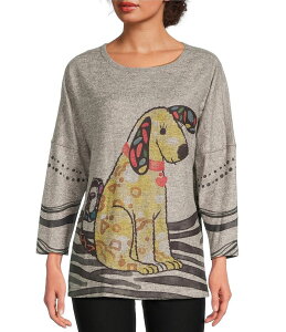 �A�� �}�C���X ���f�B�[�X �g�b�v�X �J�b�g�\�[ �v�����g �j�b�g Ali Miles Brushed Knit Round Neck Long Sleeve Novelty Abstract Stripe Dog Print Popover Tunic Neutral Animal �A�j�}��