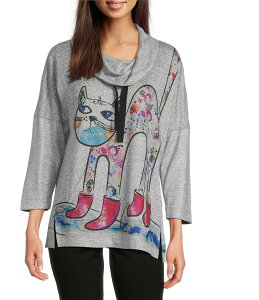 �A�� �}�C���X ���f�B�[�X �g�b�v�X �V���c �v�����g �j�b�g Ali Miles Hatchi Knit Novelty Cat Print Front And Back Cowl Neck 3/4 Dolman Sleeve Top Gray Animal �O���[