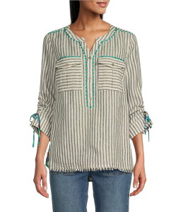 �W���� �}�[�N ���f�B�[�X �g�b�v�X �V���c �h�J John Mark Stripe Embroidered Banded Collar Chest Pocket 3/4 Sleeve Tunic Multi �}���`�J���[