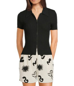 �u���[�y�b�y�[�u���[�y�b�p�[ ���f�B�[�X �g�b�v�X T�V���c �j�b�g Blu Pepper Knit Collared Short Sleeve Front Zip Top Black �u���b�N
