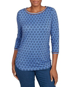 r[A[fB[ fB[X gbvX Vc N[lbN vg MU[ W[W[ Ruby Rd. Soft Stretch Jersey Printed Crew Neck 3/4 Sleeve Stripe-Tipped Trim Side Ruched Top Slate Blue X[g