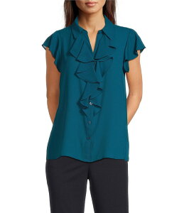�J���o���N���C�� ���f�B�[�X �g�b�v�X �V���c �t���� �u���E�X Calvin Klein Flutter Sleeve Collared Ruffle Button Front Blouse Cypress