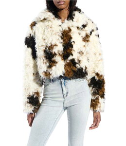 AUA  fB[X AE^[ R[g vg WPbg Azalea Wang Enora Cream Abstract Cow Print Sherpa Oversize Neck Zip Front Bomber Jacket Beige x[W