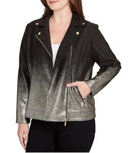 r[A[fB[ fB[X AE^[ R[g XG[h WPbg Ruby Rd. Gold Ombre Foil Faux Vegan Suede Notch Lapel Moto Jacket Black Combo ubN