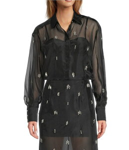 AgjI [j fB[X gbvX Vc VA[ uEX Antonio Melani Priscilla Coordinating Sheer Organza Jewel Embellished Point Collar Long Sleeve Button Front Blouse Black ubN