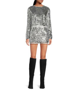 �W�����r�j ���f�B�[�X �g�b�v�X �V���c �~�j �X�p���R�[�� �X�J�[�g �u���E�X Gianni Bini Cassidy Two Piece Sequin Long Sleeve Blouse & Mini Skirt Set Silver �V���o�[