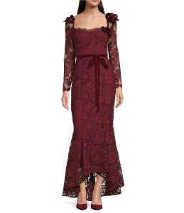 �}���P�b�T ���f�B�[�X �g�b�v�X �����s�[�X �t�����[�� ���[�X �t�����[ Muse by Marchesa Cypress Corded Lace Floral Applique Sweetheart Neckline Long Sleeve Mermaid Dress Garnet