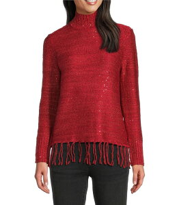 o fB[X AE^[ jbgEZ[^[ bNlbN Z[^[ uU[ jbg W[W[ tW Reba Trailblazer Jersey Knit Mock Neck Fringe Hem Long Sleeve Sweater Red bh