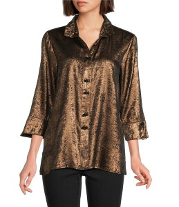 �A�� �}�C���X ���f�B�[�X �g�b�v�X �V���c Ali Miles Shimmer Wire Collar 3/4 Sleeve Button Front Tunic Copper