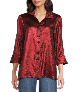 �A�� �}�C���X ���f�B�[�X �g�b�v�X �V���c Ali Miles Shimmer Wire Collar 3/4 Sleeve Button Front Tunic Crimson �N�����]��