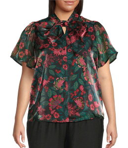 �V���K�[���b�v�X ���f�B�[�X �g�b�v�X �V���c �t�����[�� �v���X�T�C�Y �u���E�X �t�����[ Sugarlips Plus Floral Organza Bow Tie Neck Short Sleeve Button Front Blouse Black Teal Red �u���b�N