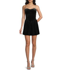 �~�b�h�i�C�g �h�[�� ���f�B�[�X �g�b�v�X �����s�[�X �~�j�����s�[�X �~�j �x���x�b�g Midnight Doll Velvet Rhinestone Bow Strap Mini Dress Black �u���b�N