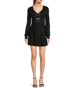 �~�b�h�i�C�g �h�[�� ���f�B�[�X �g�b�v�X �����s�[�X V�l�b�N �Z�[�^�[ Midnight Doll V-Neck Rhinestone Bow Front Long Sleeve Sweater Dress Black �u���b�N