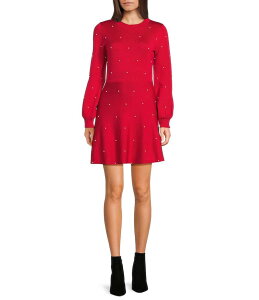 �~�b�h�i�C�g �h�[�� ���f�B�[�X �g�b�v�X �����s�[�X �Z�[�^�[ �j�b�g Midnight Doll Pearl Embellished Long Sleeve Sweater Knit Dress Deep Red ���b�h