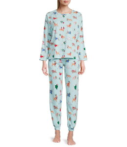 【送料無料】 スリープ センス レディース ナイトウェア アンダーウェア Long Sleeve Crew Neck Knit Holiday Dogs Print Holiday Pajama Set Holiday Dogs