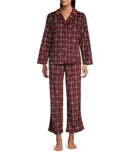 yz Jxl fB[X iCgEFA A_[EFA Long Sleeve Notch Collar Long Fleece Tile Print Pajama Set Black/Red Tile