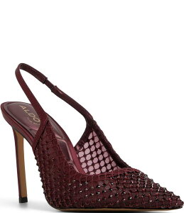 �A���h ���f�B�[�X �V���[�Y �q�[�� ���b�V�� ALDO Marciana Rhinestone Mesh Slingback Dress Pumps Burgundy �o�[�K���f�B