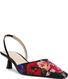 �x�b�c�B�W�����\�� ���f�B�[�X �V���[�Y �p���v�X �t�����[�� �v�����g �t�����[ �q�[�� Blue by Betsey Johnson Oppal Floral Print Rhinestone Slingback Kitten Heel Pump Black Flower/Multi �u���b�N