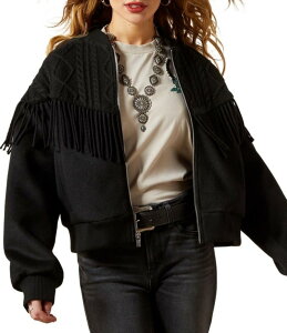 AAg fB[X AE^[ R[g jbg tW WPbg Ariat Arctica Mixed Media Cable Knit Fringe Bomber Jacket Black ubN