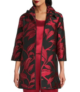 LC [Y fB[X AE^[ R[g MU[ WPbg Caroline Rose Luxe Leaf Pattern Devore Ruched Collar 3/4 Sleeve Open-Front Statement Jacket Red/Black ubN