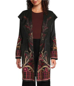 Wj[Y fB[X AE^[ R[g t[fbhWPbg vg g[ XG[h hJ WPbg JOHNNY WAS Biya Donne Metallic Printed Embroidered Faux Suede Long Sleeve Hooded Jacket Black Metallic u
