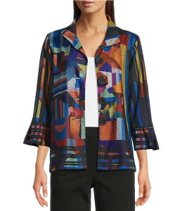 A }CX fB[X AE^[ R[g v` vg jbg WPbg Ali Miles Petite Size Brushed Knit Abstract Print Wire Collar 3/4 Sleeve Button Front Jacket Black Abstract Print ubN