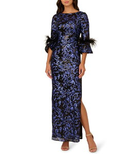 �A�h���A�i �p�y�� ���f�B�[�X �g�b�v�X �����s�[�X �X�p���R�[�� �h�J Adrianna Papell Sequin Boat Neck 3/4 Feather Bell Sleeve Embroidered Slim Column Gown Black Blue �u���b�N