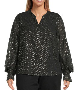 ���B���X�J���[�g ���f�B�[�X �g�b�v�X �V���c V�l�b�N �v���X�T�C�Y �u���E�X Vince Camuto Plus Size Woven Lurex Dot V-Neck Long Sleeve Blouse Rich Black �u���b�N