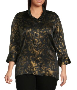 �A�� �}�C���X ���f�B�[�X �g�b�v�X �V���c �v���X�T�C�Y �v�����g Ali Miles Plus Size Shimmer Woven Allover Multi Print Wire Collar 3/4 Bell Sleeve Button-Front Tunic Multi �}���`�J���[