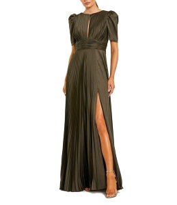 �}�b�N�_�K�� ���f�B�[�X �g�b�v�X �����s�[�X A ���C�� �v���[�c Mac Duggal Pleated Charmeuse Puff Sleeve High Slit A-Line Gown Olive �I���[�u