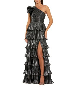 �}�b�N�_�K�� ���f�B�[�X �g�b�v�X �����s�[�X �e�B�A�[�h �v���[�c �t���� �g�[�� Mac Duggal Pleated Metallic Tiered Ruffle One Shoulder Gown Gunmetal �K�����^��