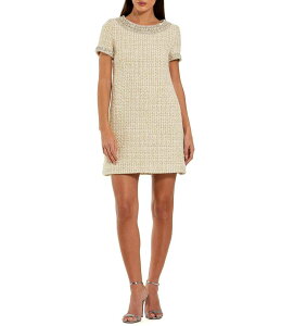 �}�b�N�_�K�� ���f�B�[�X �g�b�v�X �����s�[�X �~�j�����s�[�X �~�j �c�C�[�h Mac Duggal Short Sleeve Tweed Mini Dress With Beading Detail Ivory Gold �A�C�{���[