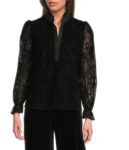 �W���[�h�R�[�i���[ ���f�B�[�X �g�b�v�X �V���c �t���� ���[�X Jude Connally Teri Flocked Lace Scallop Ruffle Neck Long Sleeve Top Scallop Black �u���b�N