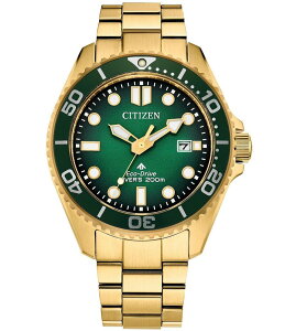 V`Y fB[X ANZT[ rv TVc Citizen Men's Promaster Eco-Drive Dive Quartz Three Hand Gold Tone Stainlessteel Bracelet Watch Gold/Green O[