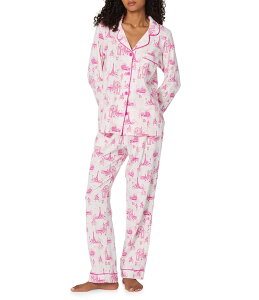 �x�b�h�w�b�h ���f�B�[�X �A���_�[�E�F�A �i�C�g�E�F�A �v�����g �j�b�g BedHead Travel Toile Print Long Sleeve Notch Collar Knit Long Pajama Set Jet Setter