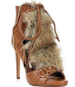 �A�U���A ���� ���f�B�[�X �V���[�Y �q�[�� ���[�X Azalea Wang Shainy Faux Fur Lace Up Shooties Tan �^��