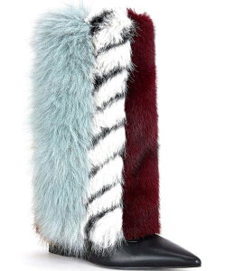 AUA  fB[X V[Y u[cECu[c Azalea Wang Briash Faux Fur Pointed Toe Wedge Mid Calf Boots Blue Multi u[