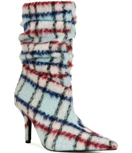 AUA  fB[X V[Y u[cECu[c Azalea Wang Sanjiv Plaid Scrunch Shaft Pointed Toe Mid Calf Boots Blue Multi u[