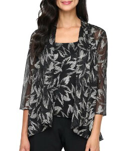 �A���b�N�X�C�u�j���O�X ���f�B�[�X �g�b�v�X �V���c �v�����g�[�� �j�b�g Alex Evenings Metallic Knit Foil Bodre Leaf Print 3/4 Sleeve Open Cascade Twinset Black Gold �u���b�N