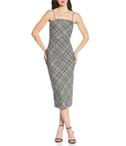 ���[�V�[�p�� ���f�B�[�X �g�b�v�X �����s�[�X �~�f�B �m�[�X���[�u Lucy Paris Klein Shine Plaid Square Neck Sleeveless Chemise Midi Dress Grey �O���[