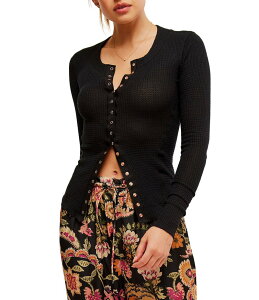 �t���[�s�[�v�� ���f�B�[�X �g�b�v�X �V���c �N���[�l�b�N ���[�X �j�b�g Free People Going Places Crew Neck Long Sleeve Waffle Knit Cardi Top Black �u���b�N