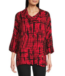 �A�� �}�C���X ���f�B�[�X �g�b�v�X �V���c Ali Miles Abstract Brush Stroke Cowl Neck 3/4 Dolman Sleeve Tunic Black Print �u���b�N
