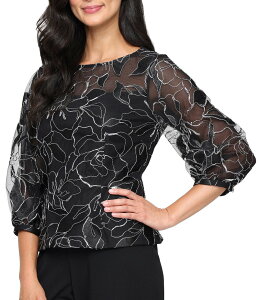 �A���b�N�X�C�u�j���O�X ���f�B�[�X �g�b�v�X �V���c �`���[�� �h�J �u���E�X Alex Evenings Embroidered Stretch Tulle Illusioneck 3/4 Sleeve Blouse Black Silver �u���b�N